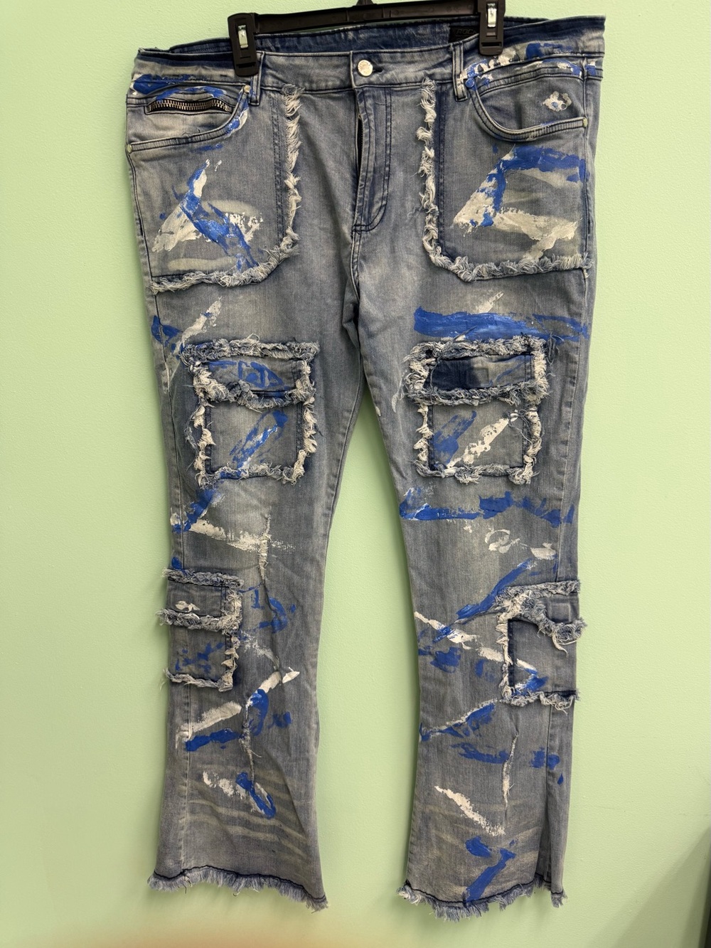 New Men's Distressed ROCKSTAR ORIGINAL Bootcut Jeans with Blue Paint Accents 40